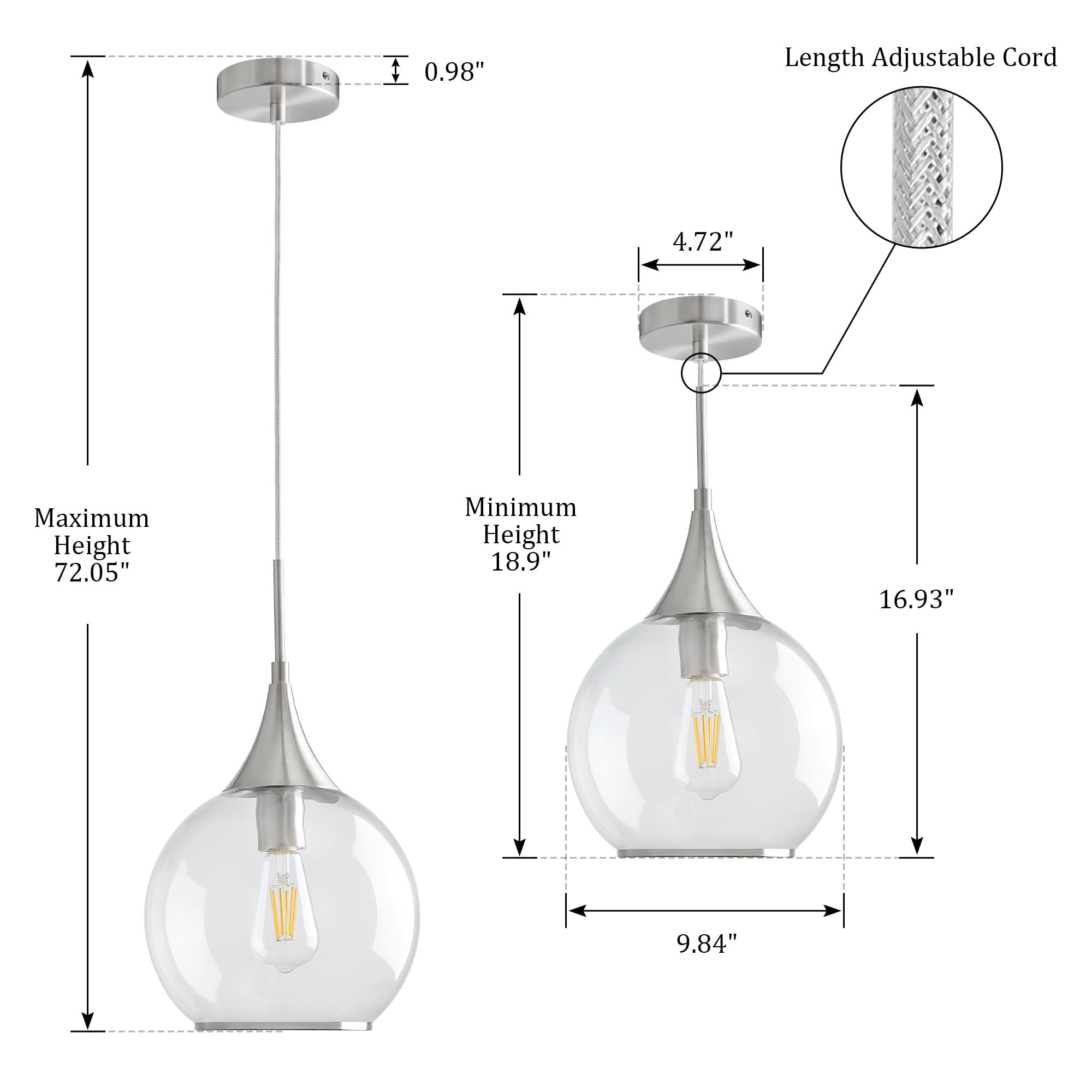 KAISITE Modern Dimmable Kitchen Island Pendant Light, Brushed Nickel Clear Glass Shade Hanging Fixture