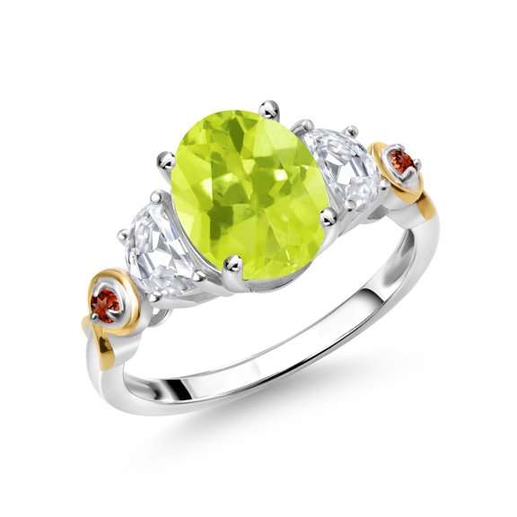 Gem Stone King 925 Silver and 10K Yellow Gold 3-Stone Ring Oval Yellow Lemon Quartz and Moissanite (2.18 Cttw, Size 7)