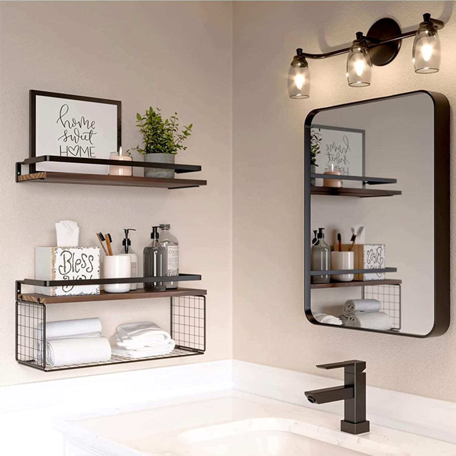 Floating Shelves with Wire Storage Basket, Bathroom Shelves Over Toilet, Set of 2