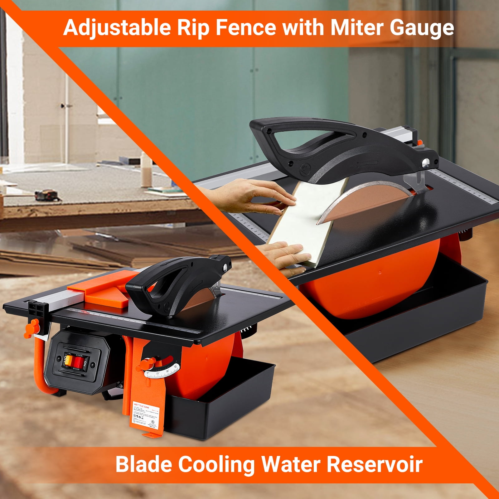 Kicctian 7-inch Wet Tile Saw, 3450 RPM Induction Motor, 0-45° Miter Angle for Cutting Tiles & Stones, Steel Frame Box
