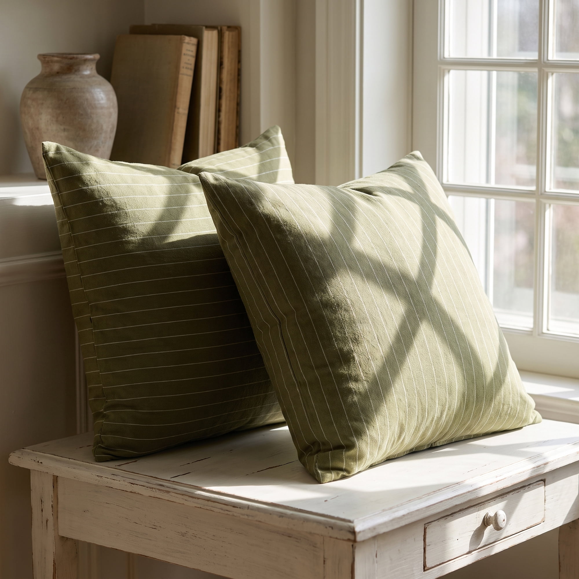 Unique Bargains 2 Pack Fine Stripe Throw Pillow Covers Cotton Blend Cases Green 18"x18"