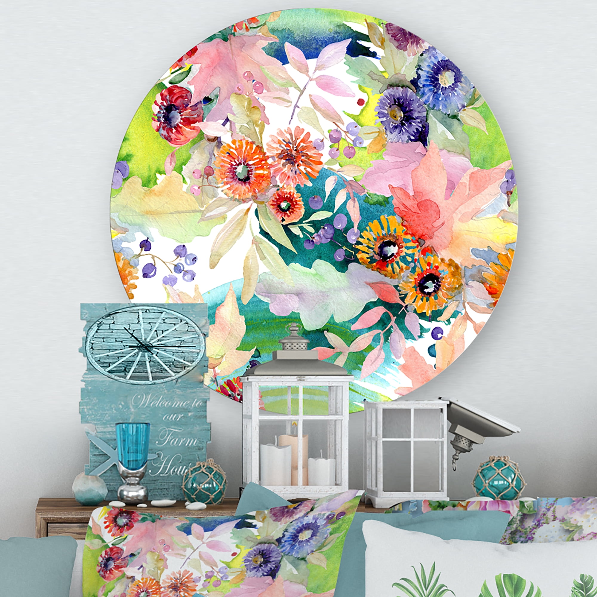 Designart 'Wildflowers and Vibrant Wild Spring Leaves II' Traditional Circle Metal Wall Art 11x11 - Disc of 11