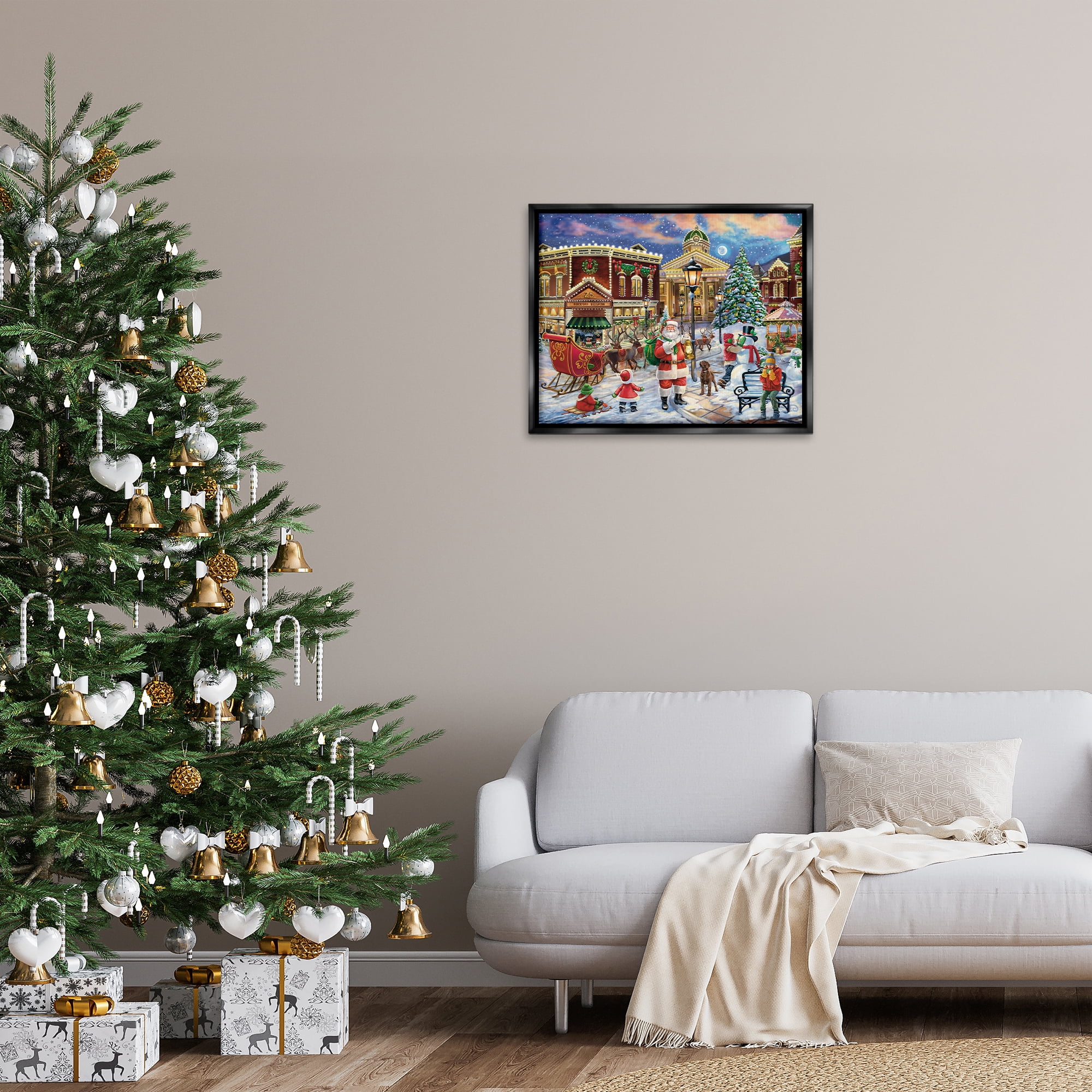 Stupell Industries Santa in Town Square Holiday Painting Black Floater Framed Art Print Wall Art, 31 x 25