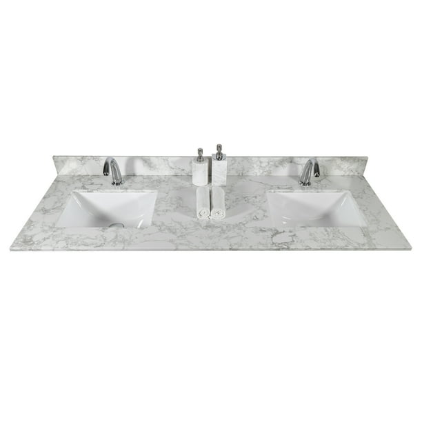 Newway Montary 61 X22 Bathroom Stone Vanity Top Engineered Carrara White Marble Color With Double Rectangle Undermount Ceramic Sink And Single Faucet Hole Back Splash Com Newway Montary 61 X22 Bathroom Stone, 61 Single Bathroom Vanity Top In Carrara White With Sink