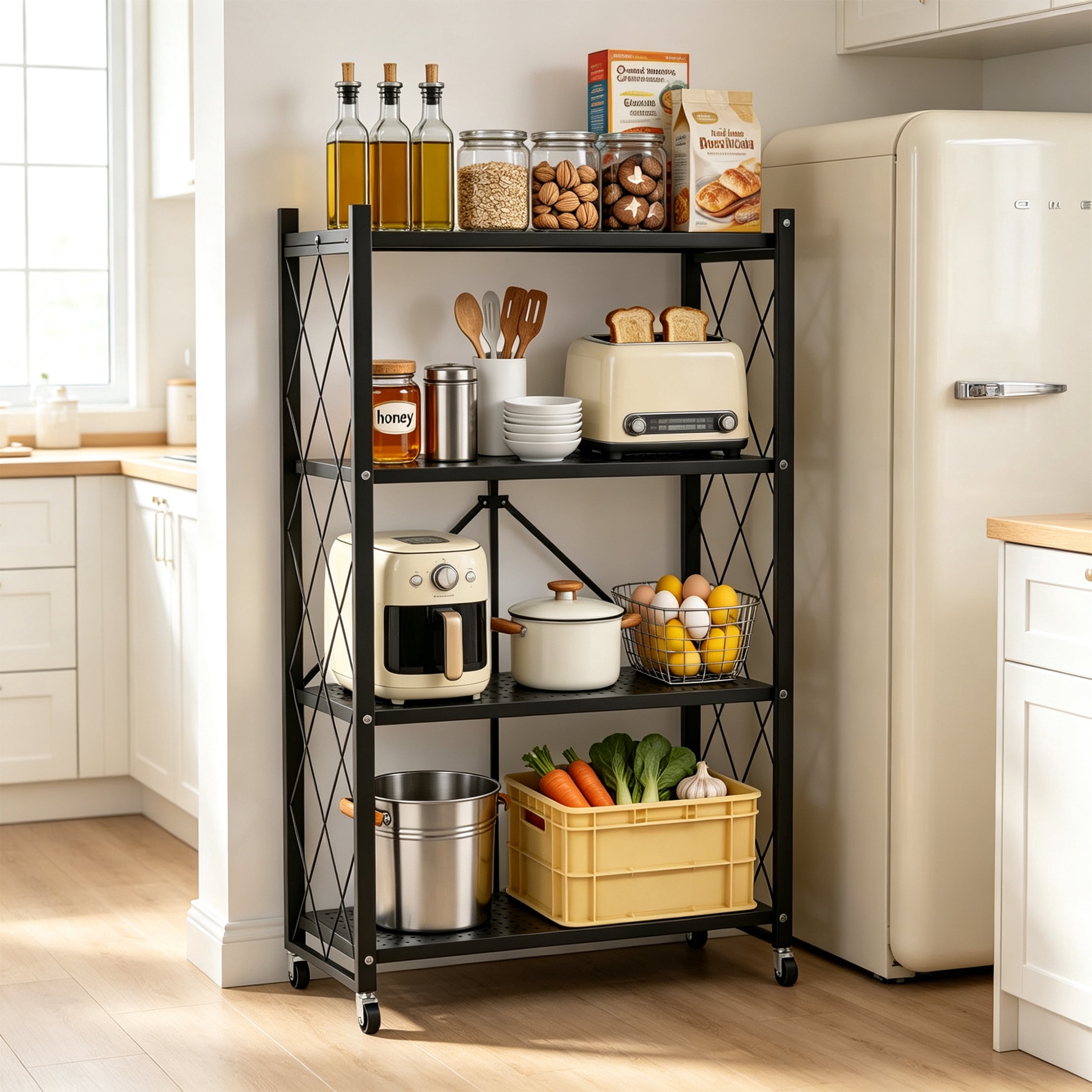 GARITIN Storage Shelves, 4 Tier Foldable Rolling Storage Rack with Wheels, No Assembly Metal Organizer Shelf for Garage, Kitchen, Basement, Pantry, Black