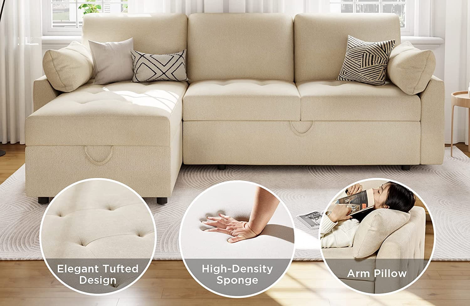 Merluxy Pull Out Sofa Bed, Tufted Sleeper Sofa, L Shaped Couch with Storage Chaise, Chenille Beige
