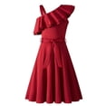 thumbnail image 2 of Oudiya Girls One Shoulder Dress Formal Ruffle Trim Birthday Party Dresses with Belted Pockets for Kids 5-12Y, 2 of 7