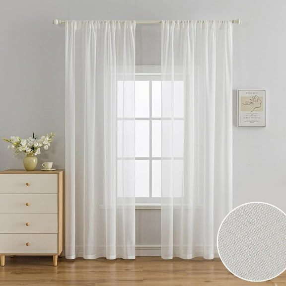 Chiffon Sheer Curtains 96-Inch Long for Living Room - 2 Panel Set Off White Light Filtering Semi-Sheer for Farmhouse Bedroom - Rod Pocket Curtain Panels, W52 x L96