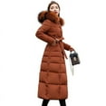 thumbnail image 2 of Chaqueta de algodón para mujer, estilo largo, por encima de la rodilla, chaqueta de algodón para mujer, cuello de piel grande, corte entallado, chaqueta de algodón grueso para mujer, 2 of 5