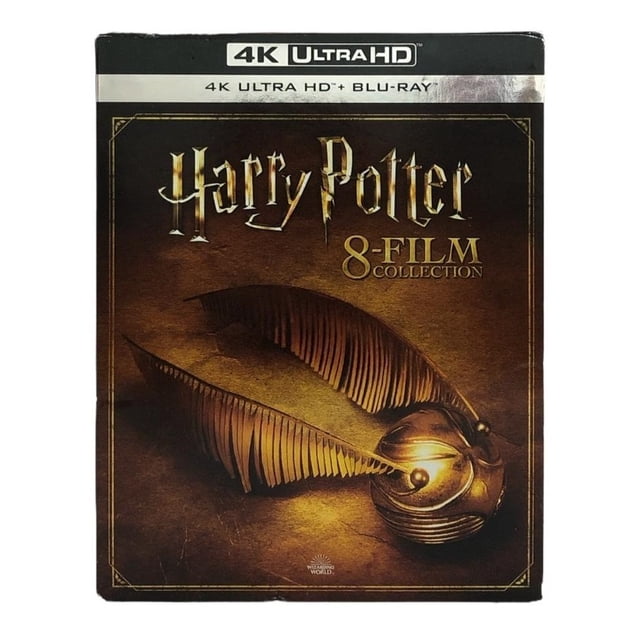 coleccion completa harry potter 1 - 8 4k ultra hd + blu-ray estuche frontal centrado: caja marrón oscuro con letras doradas 'Harry Potter' y '8-Film Collection', gran snitch dorado en primer plano y banda superior negra con logo '4K Ultra HD + Blu-ray'.