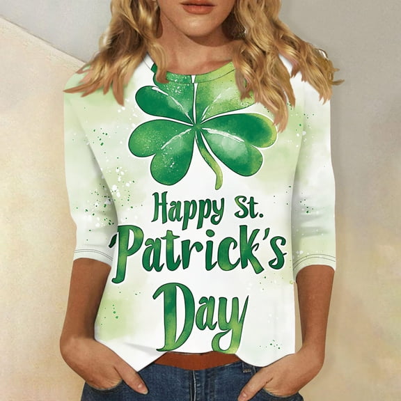 St Patricks Day T Shirts, Women 3/4 Sleeve Tee, Round Neck Tops Blouses Women's Loose St. Patrick's Day Printed Shirt 3/4 Sleeved Crew-Neck Tops T-Shirt Blouse