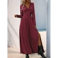 thumbnail image 3 of Women Deep V Neck Long Sleeve Slit 2025 Fall Elegant Formal Wedding Evening Date Prom Maxi Long Dress Wine Red S, 3 of 7