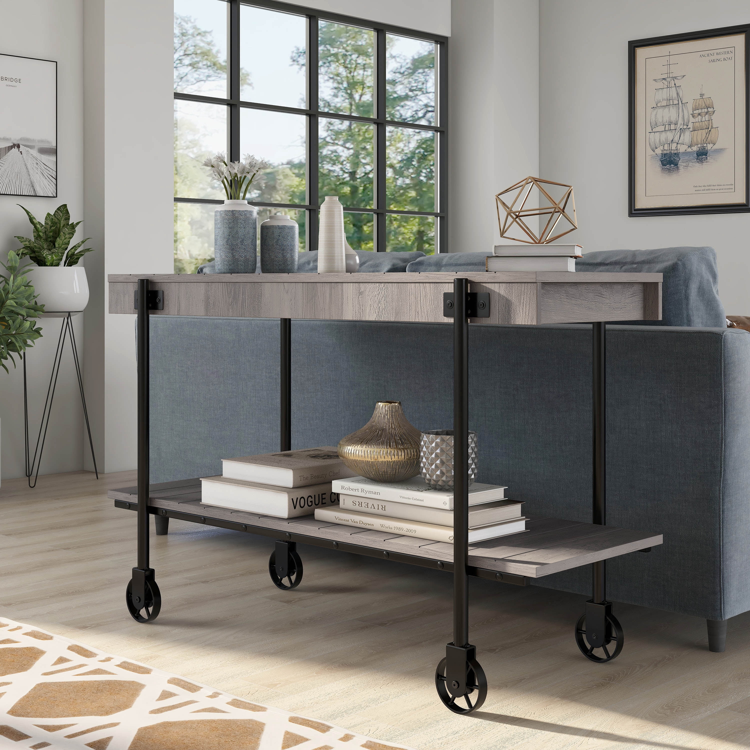Furniture of America Russe 1-Shelf Wood Natural Tone Sofa Table with Wheels