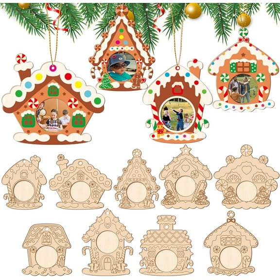 27Pcs Wood Christmas Picture Frame Ornament Bulk Coloring You Own Gingerbread House Photo Frame Craft Kits DIY for Christmas Tree Wooden Ornaments for Xmas Holiday Presents Tree Decorations