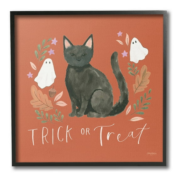 Stupell Industries Trick Or Treat Cat Holiday Painting Black Framed Art Print Wall Art, 12 x 12