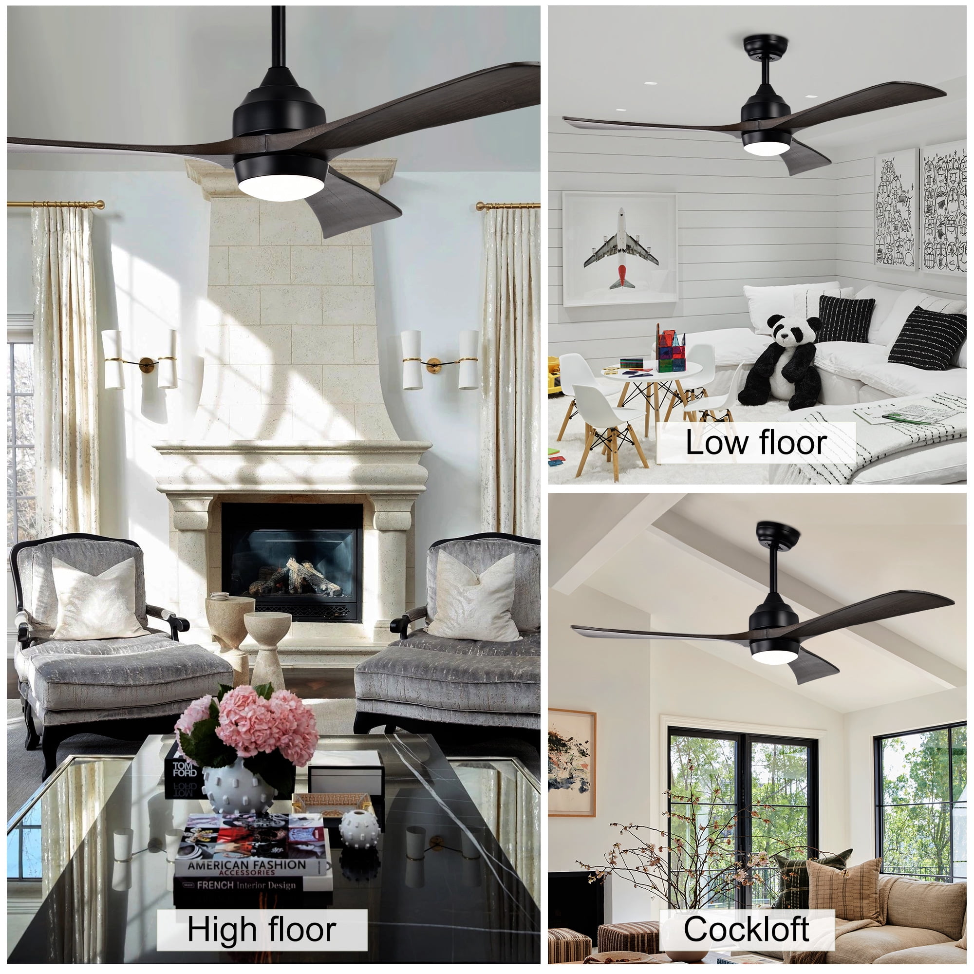 Ceiling Fan with Light, 52 Inch Solid Wood Blade Quiet Fan for Home Office Living Room, Matte Black
