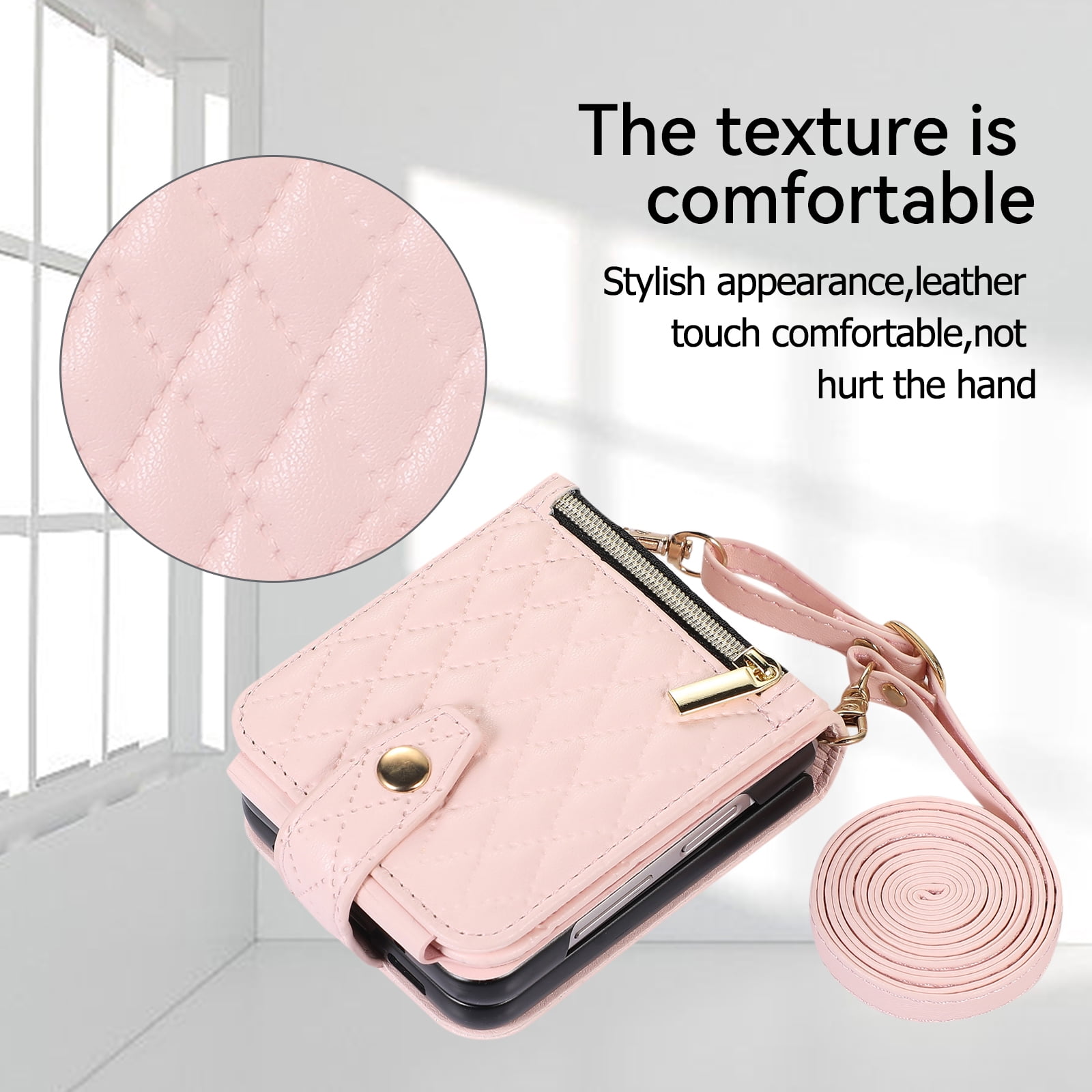 TECH CIRCLE Cover for Samsung Galaxy Z Flip3 Case with Shoulder Strap+Wristlet, Elegant Phone Handbag Design Multiple Card Slots Pocket Wallet Case for Galaxy Z Flip 3 Full Protective Shell-Pink