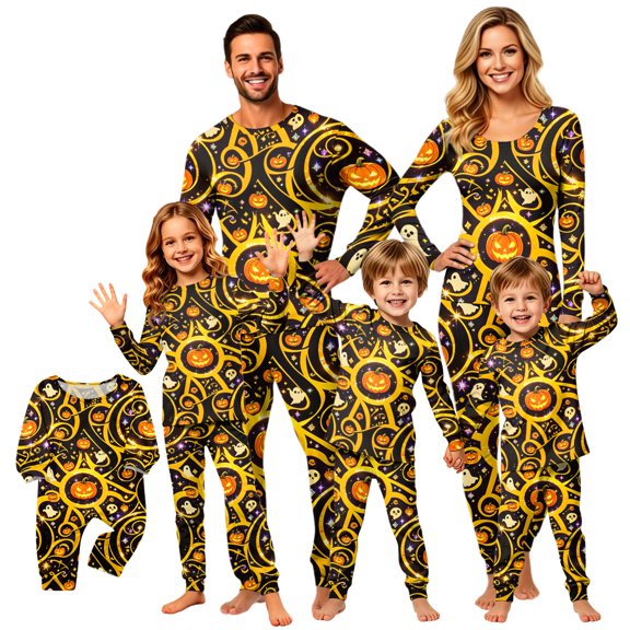 Matching Halloween Pajamas Set for Whole Family, Breathable Long Sleeve Halloween Family Pajamas with Pumpkin Skull Print, Fun Family Halloween Pajama Set Party