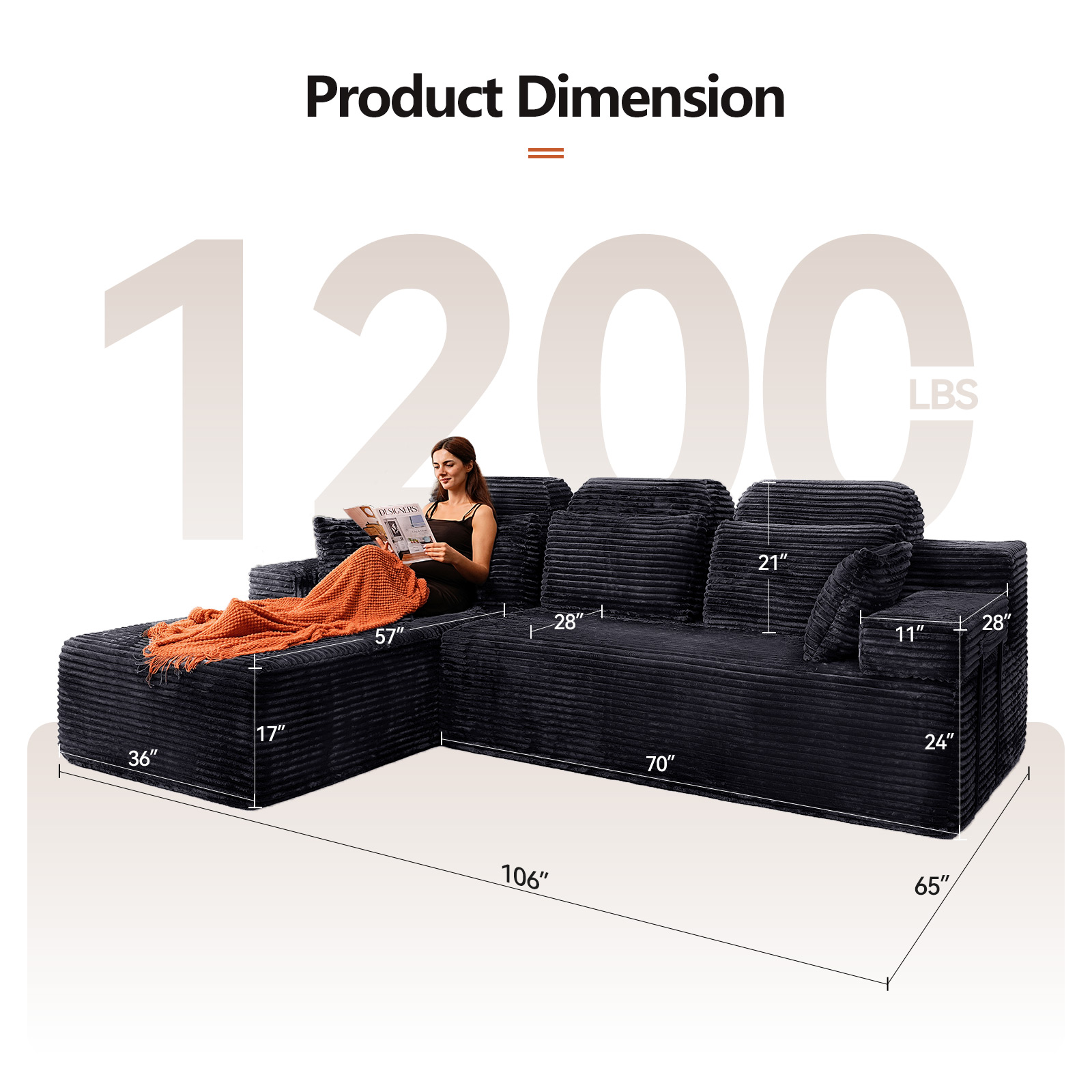 106" High Backrest Sectional Sofa&Couch, L-Shape Sectional Sofa Convertible Left or Right Chaise, Cloud Corduroy, Boneless Couches Comfortable for Living Room, Dark Grey