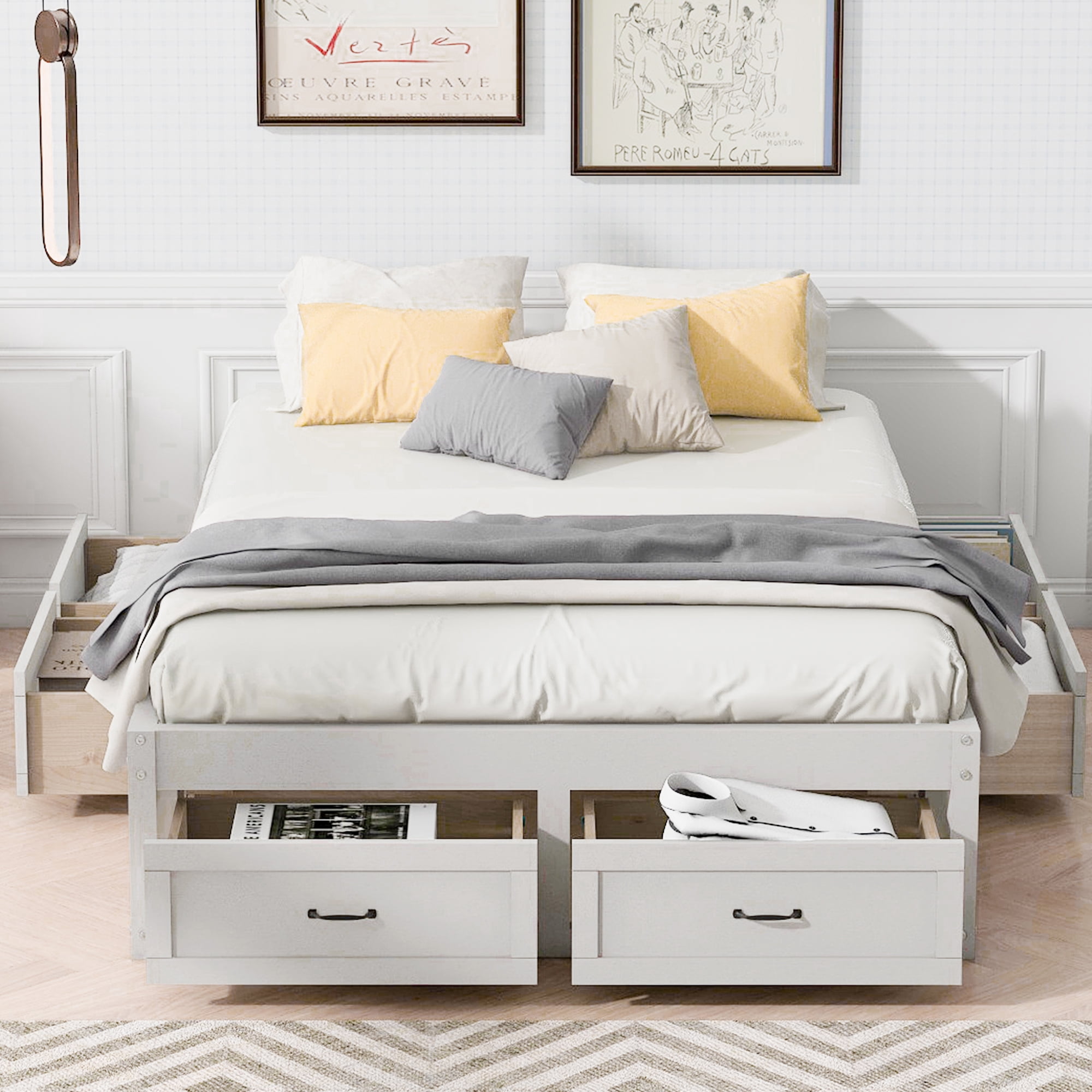 Euroco Wood Full Size Platform Bed with 6 Drawers for Kids Teens Adults, Antique White