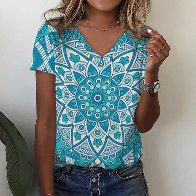 Camisetas con cuello en V para mujer, camiseta de flores, Top de manga corta informal suelto, camiseta divertida con patrón de rayas para mujer, camiseta informal Harajuku