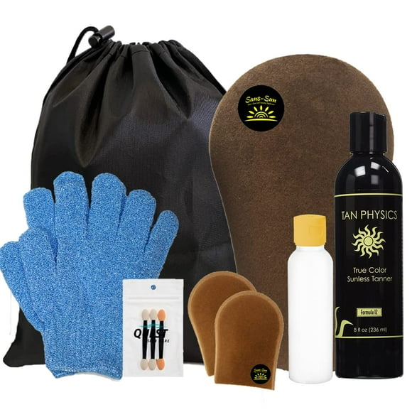 Tan Physics Self Tanner, 11 pcs Deluxe Bundle - Tan Physics True Color Sunless Tanner - Travel Bag & Bottle, Gloves, Application Mitt & Detail Applic