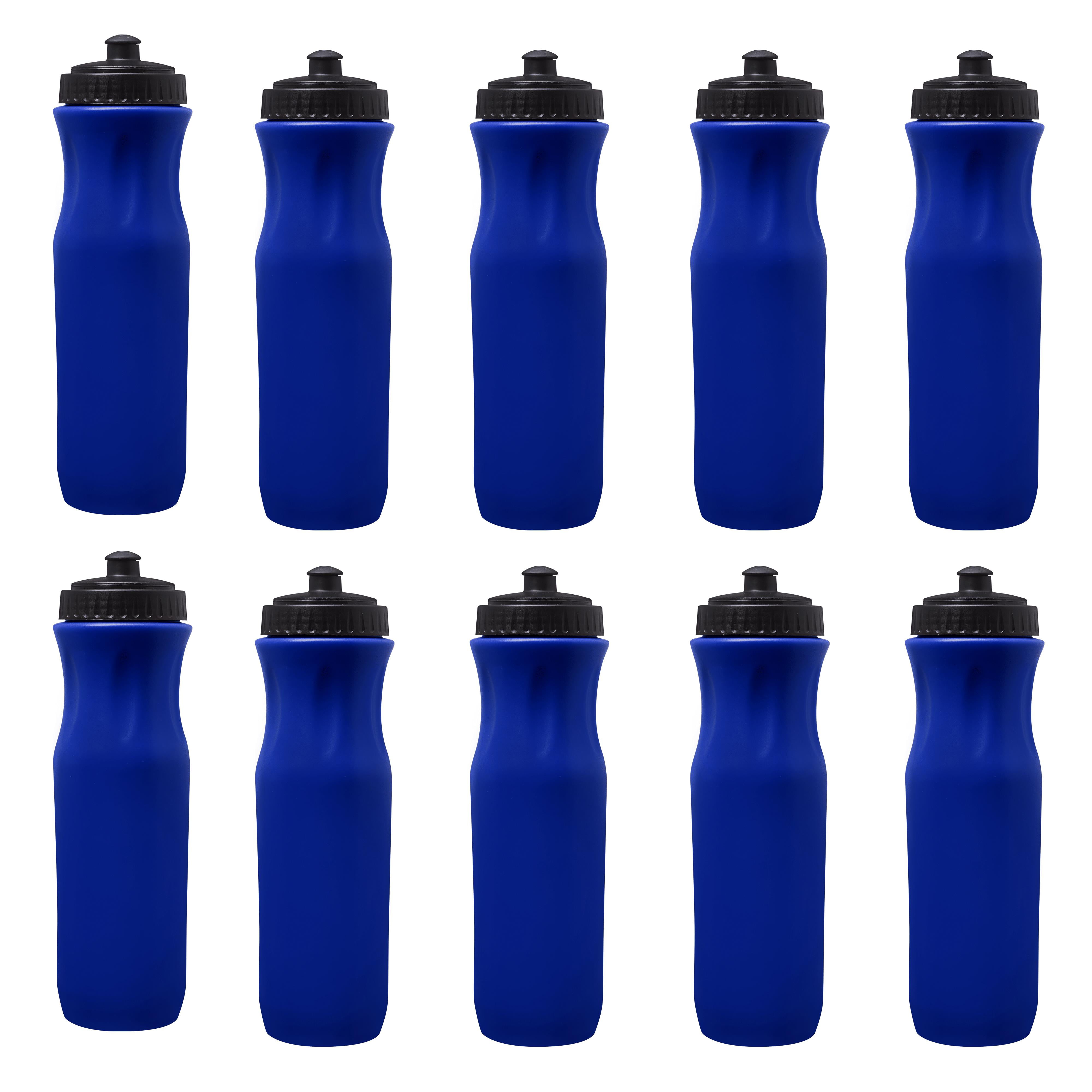10 Plastic Water Bottles Set, 26 oz. Black Push Top Lid Blue