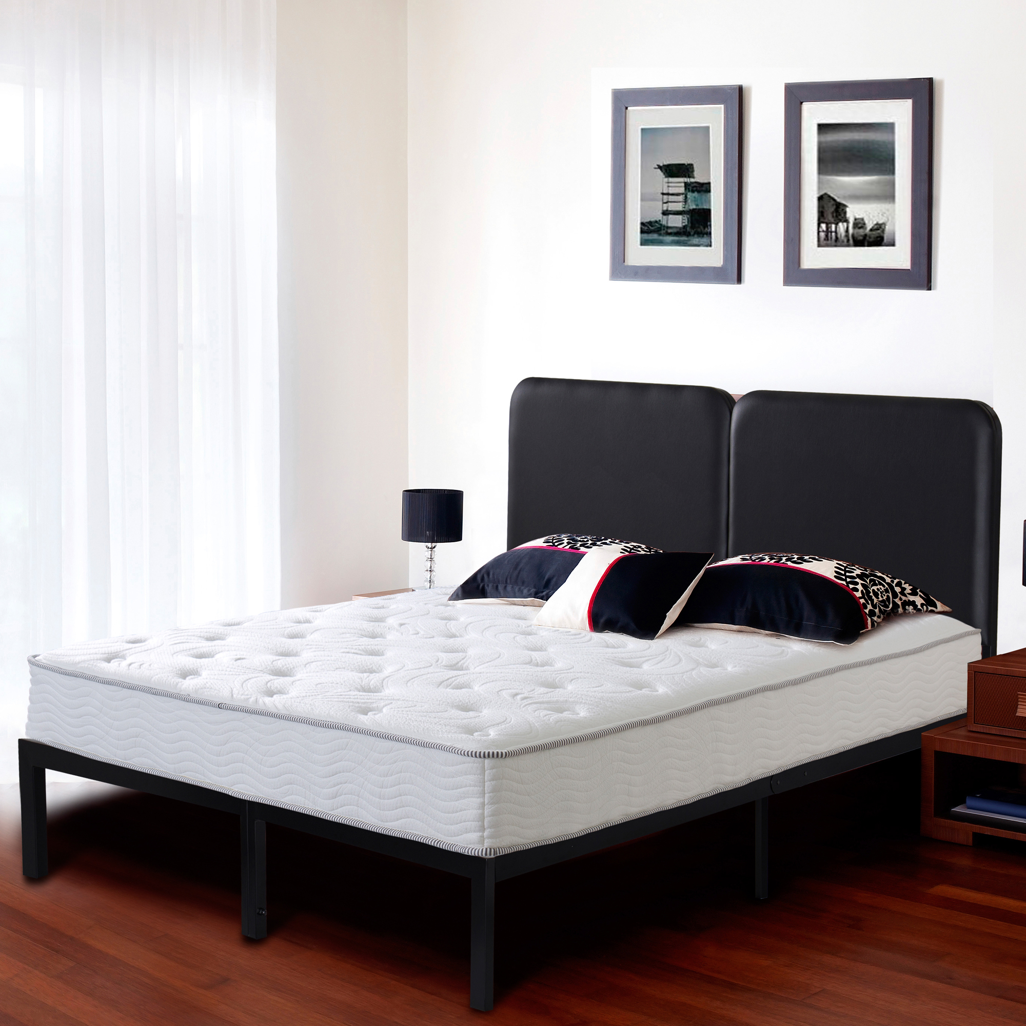 GrandRest 14" Steel Slat Bed Frame with Faux Leather Head board, Queen