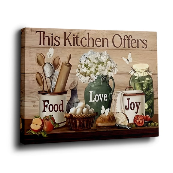 This Kitchen Offers Food Love Joy Canvas Wall Art (Farmhouse Kitchen Tone) Ready to Hang for Kitchen