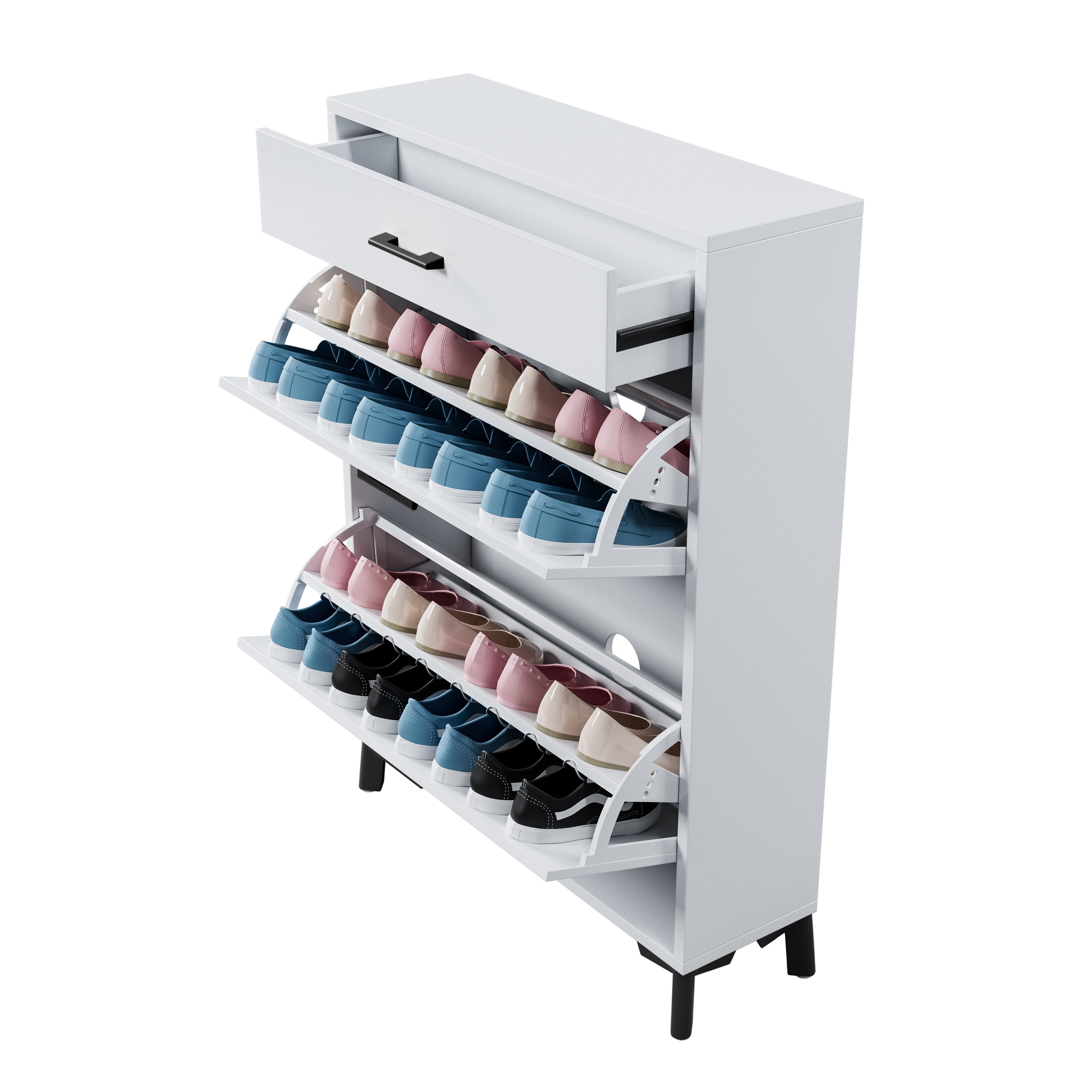 Qhou, Space Saving White Shoe Storage Cabinet with 2 Flip Drawers, Sturdy MDF & Metal Construction Space Saving, White - Easy to Assemble