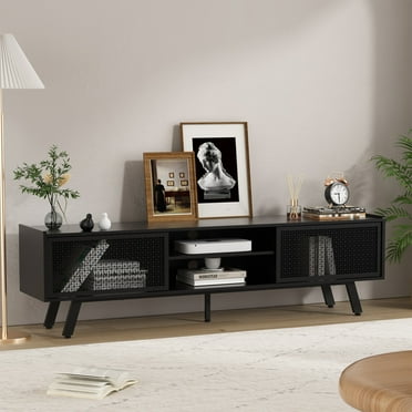 GetYes Black TV Stand for 70 Inch TV, Modern Iron Rattan TV Console with Storage and Adjustable Shelves