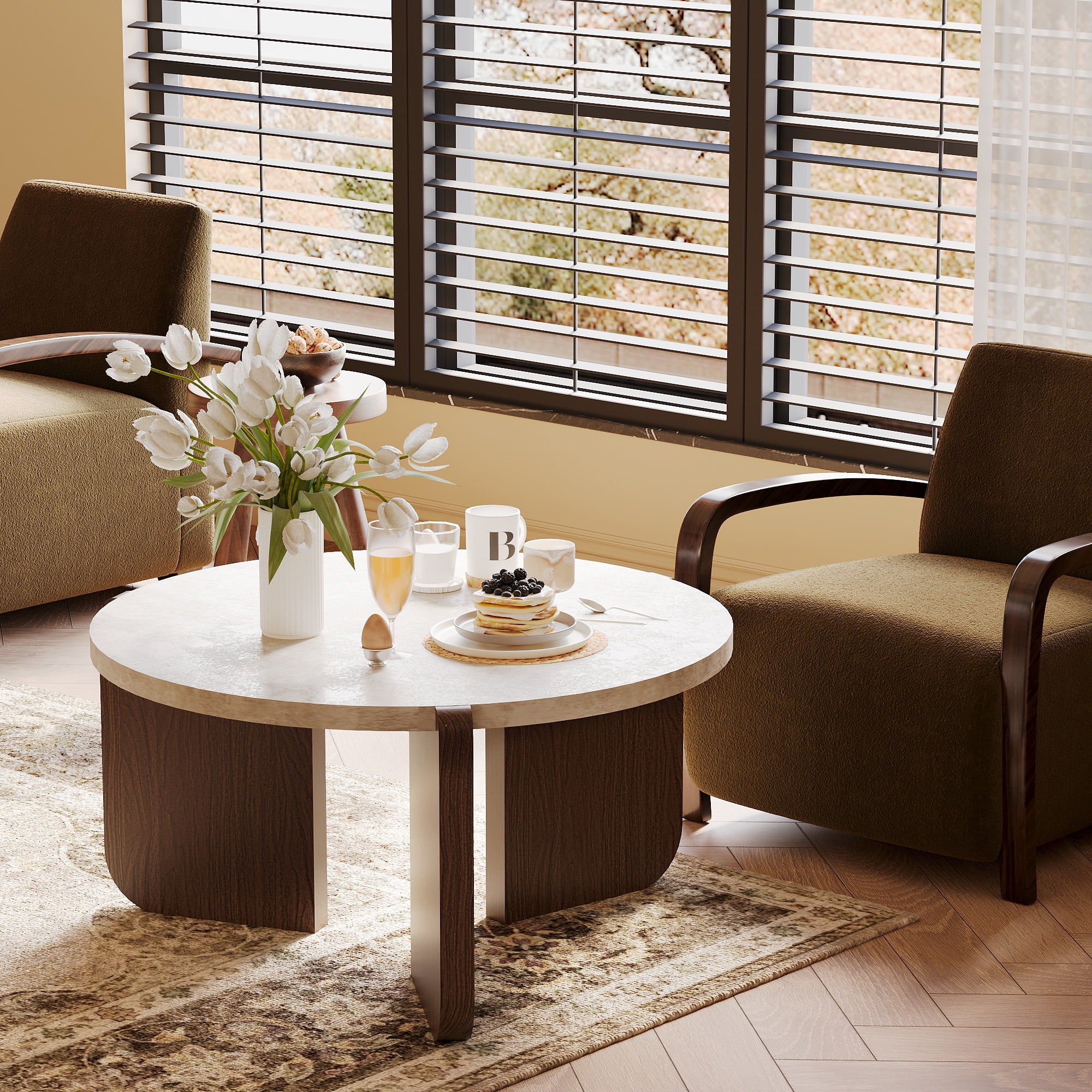 FOROUTIA Round Coffee Table with Faux Marble Top,Modern Walnut Legs Living Room Table