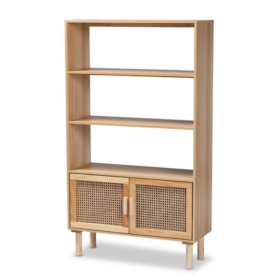Baxton Studio Faulkner Mid-Century Modern Natural Brown Finished Wood and Rattan 2-Door Bookcase,Wholesale Interiors