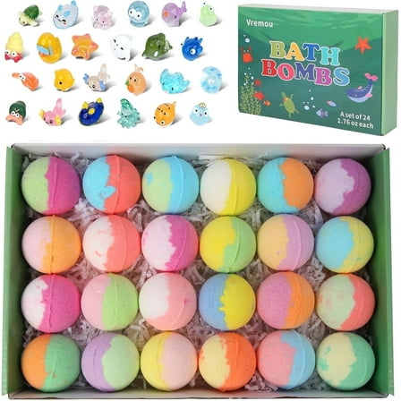 Vremou Kids Bath Bombs, 24 Pack Bath Bombs for Kids with Surprise Inside, Natural Organic Kids Bubble Bath Fizzy for Girls Boys with Bath Toys Inside