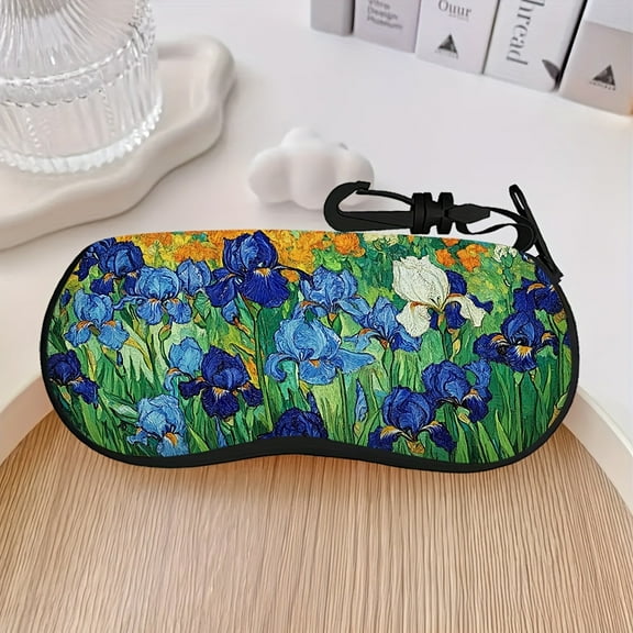 [1pc Van Gogh Eyeglass Case] Durable Anti-Drop 1pc Van Gogh Iris Flower Blossoms Neoprene Eyeglass Case | Soft Zippered Holder with Keychain for Men & Women, Stylish Reading Accessory