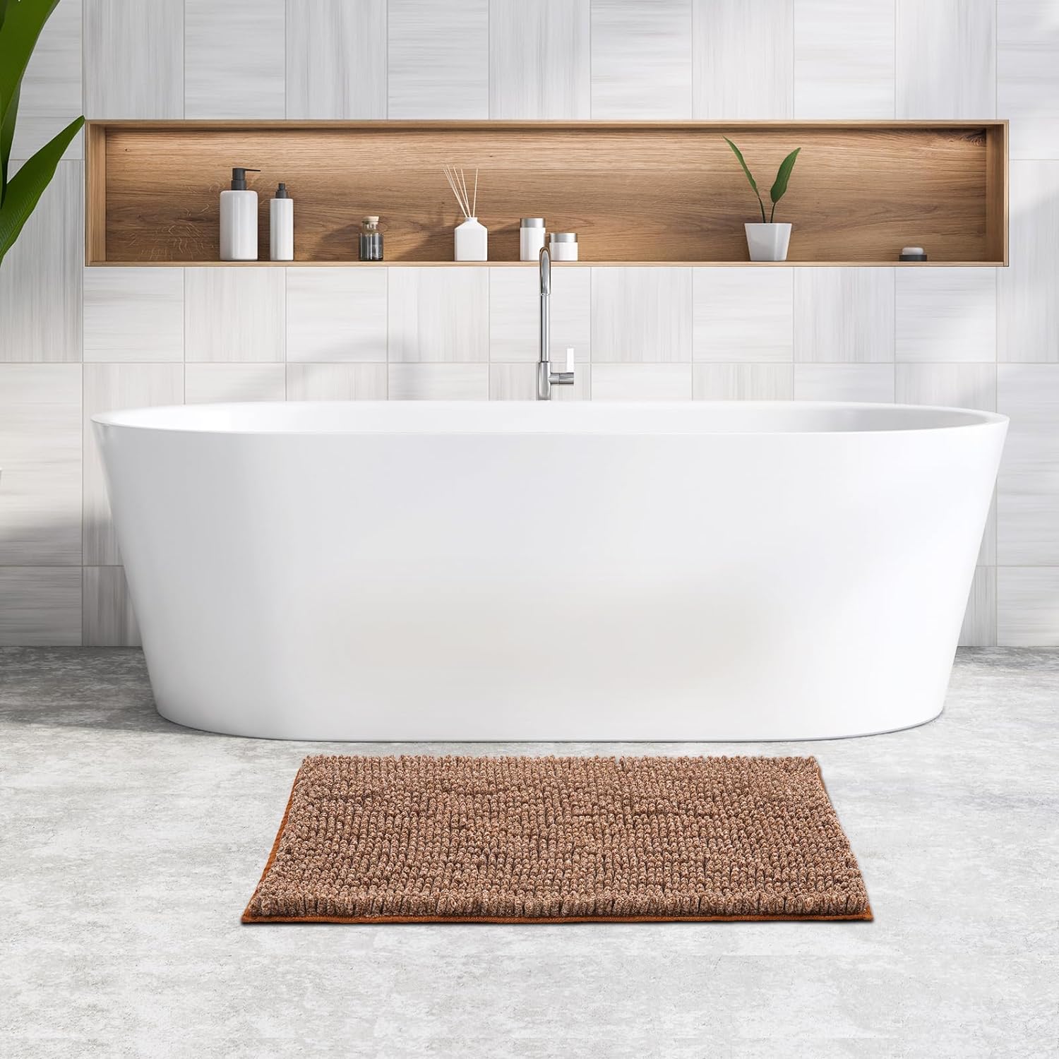 FRESHMINT Chenille Bath Rugs Extra Soft and Absorbent Microfiber Shag Rug, Non-Slip Runner Carpet for Tub Bathroom Shower Mat, Machine-Washable Durable Thick Area Rugs Caramel Heather, 32" x 20"