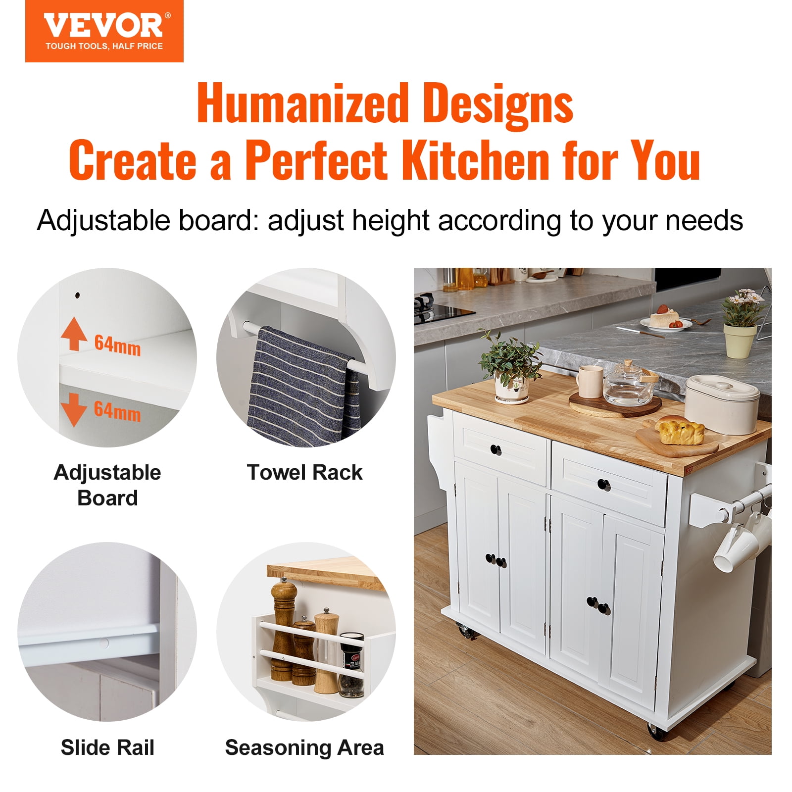 VEVOR Kitchen Island Cart with Solid Wood Top, 35.4" Width Mobile Carts with Storage Cabinet, Rolling Kitchen Table with Spice Rack, Towel Rack, and Drawer
