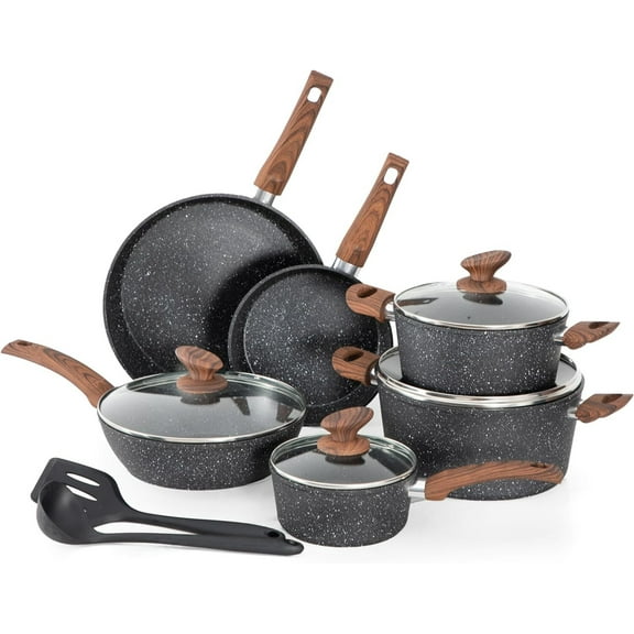 12PCS Nonstick Hammered Granite Kitchen Cookware Cooking Pots Pans Set Black