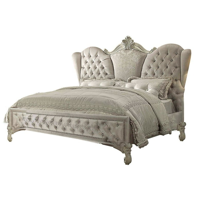 ACME Versailles Vintage-Style Queen Bed, Bone White/Ivory Velvet