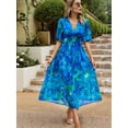 thumbnail image 3 of Womens Summer Dresses 2025 Casual Puff Short Sleeve V Neck Floral Boho Maxi Dress Blue XL, 3 of 8