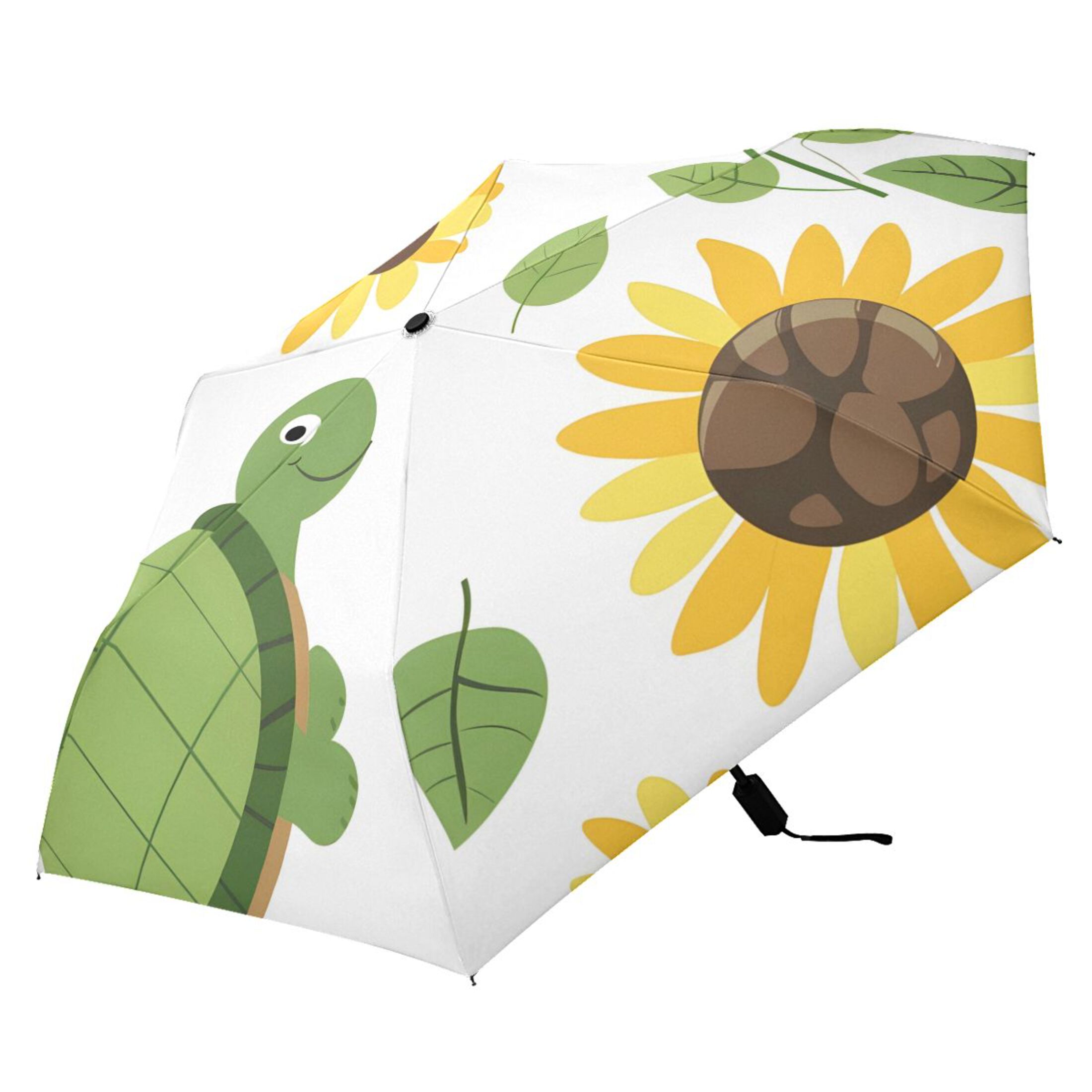 Lovely Turtles Sunflowers and Leaves All Weather Umbrella Triple Folding Parasol 6 Ribs UV Protection Portable