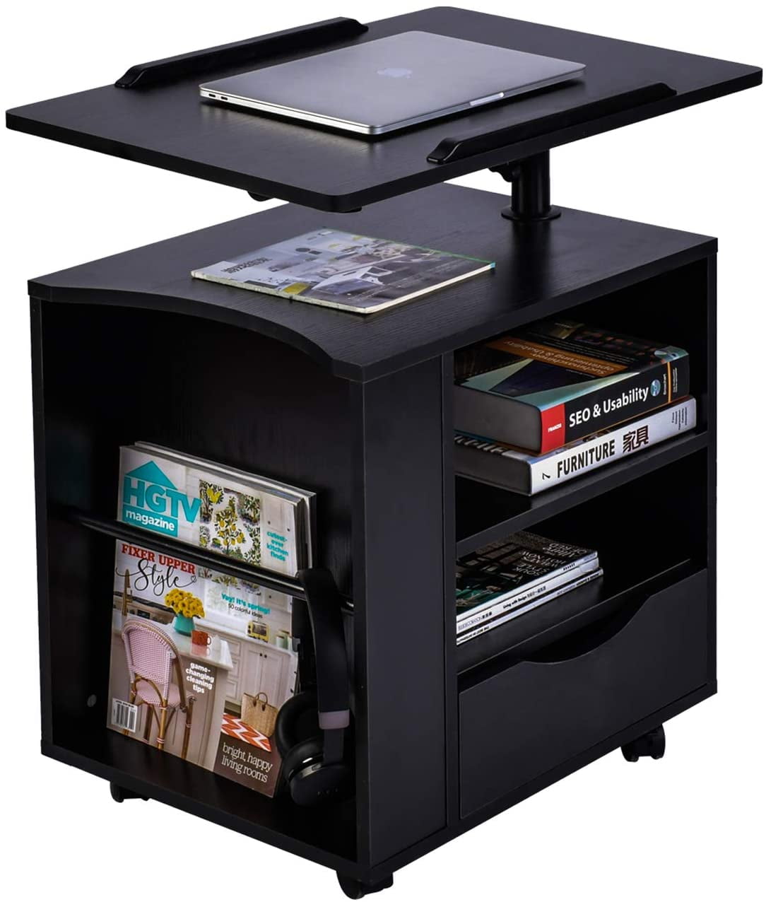 Bedside laptop table with storage outlet