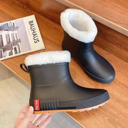 

Women S Winter Plush Adult Water Shoes Anti-Skid Short Rubber Boots Warm Rain Boots