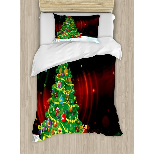 Christmas Twin Size Duvet Cover Set, Colorful Funny Designed Xmas Tree