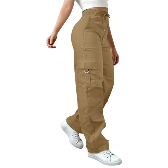 BILIKEYU Womens Daily Elastic Waist Pockets Straight Solid Color Casual Pants Loose Pockets Cargo Long Trousers, Pants for Women, Cargo Pants Women, Work Pants Women