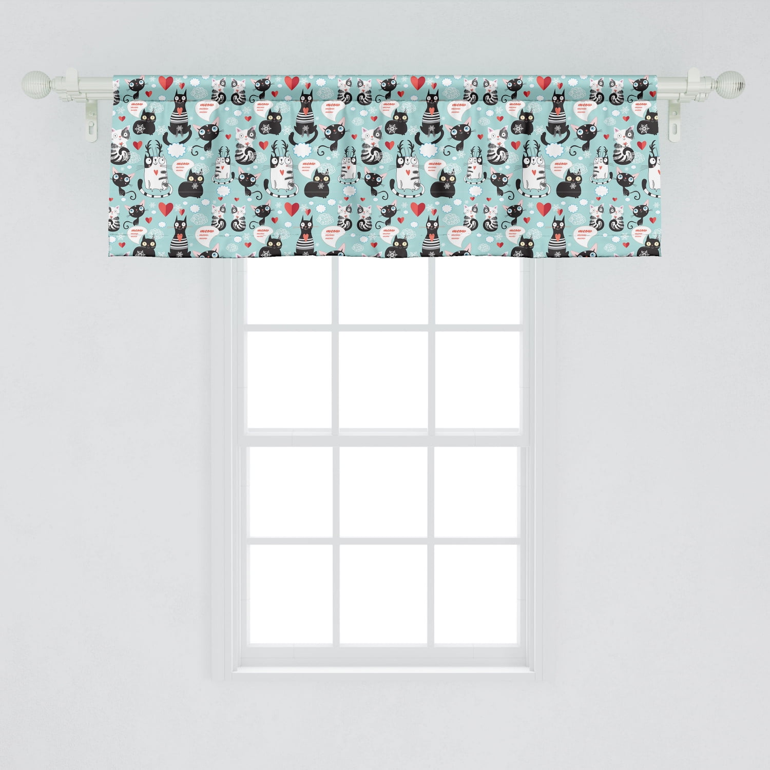 Ambesonne Cat Lover Window Valance, Black and White Cats in Love Meow Print  Among Hearts Daydreaming Kitties Cat Ears, Curtain Valance for Kitchen  Bedroom Decor with Rod Pocket, 54