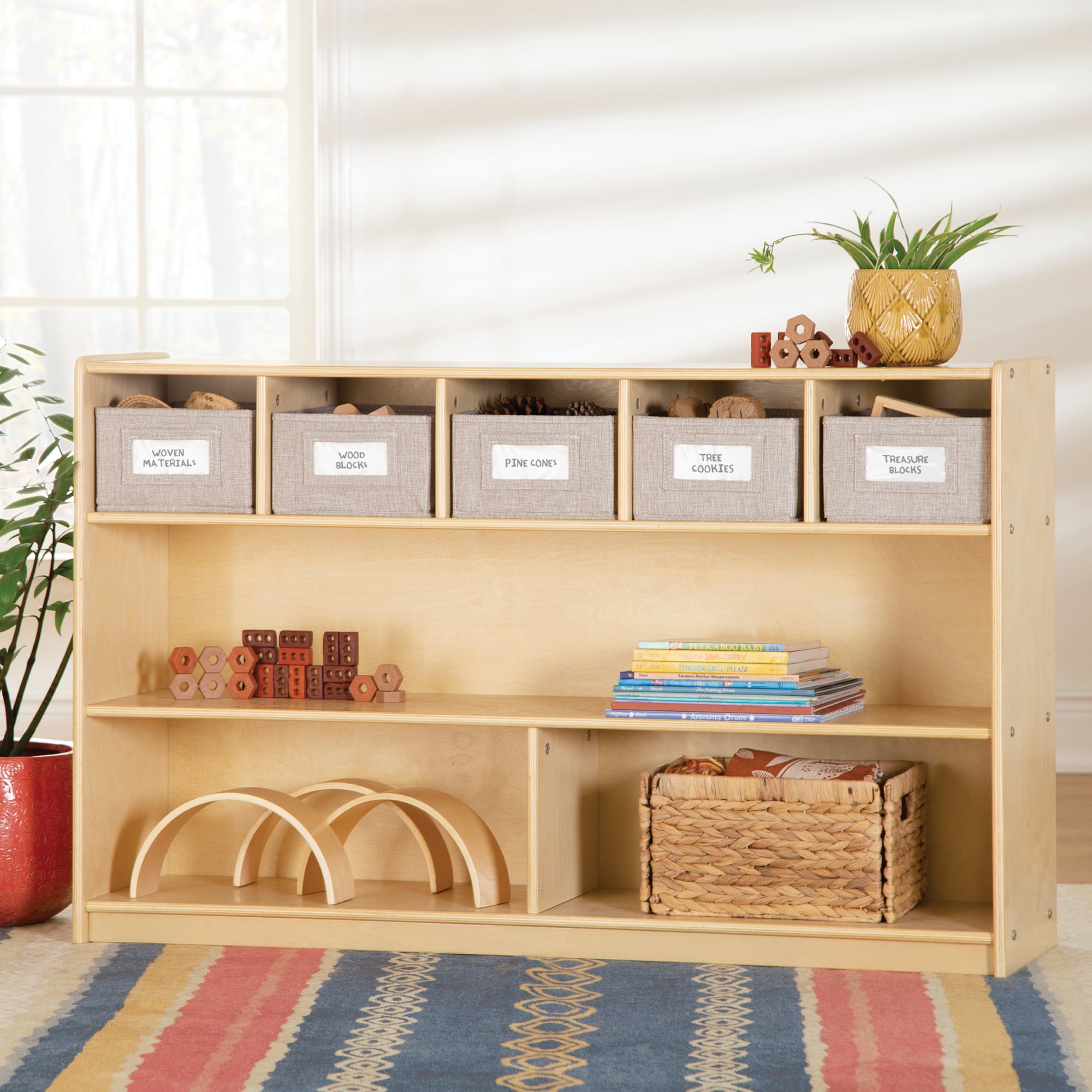 Guidecraft EdQ Shelves and 5 Bin Storage Unit Natural Wooden