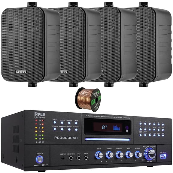 Pyle PD3000BAH 4-Channel 4000W  HDMI, USB, FM Radio, CD/DVD Bluetooth Home Audio Amplifier Receiver, 4x 4" 30W Max Power 3-Way Indoor/Outdoor Black Speakers W/Wire