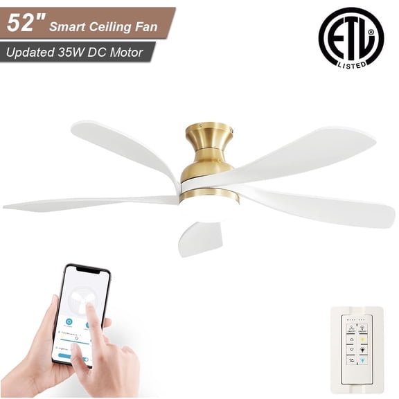 Sofucor 52 Inch Smart Ceiling Fan with Light, Flush Mount Low Profile Ceiling Fan with Remote & App Control, 35W DC Motor, 5 Blades, Dimmable LED, Reversible