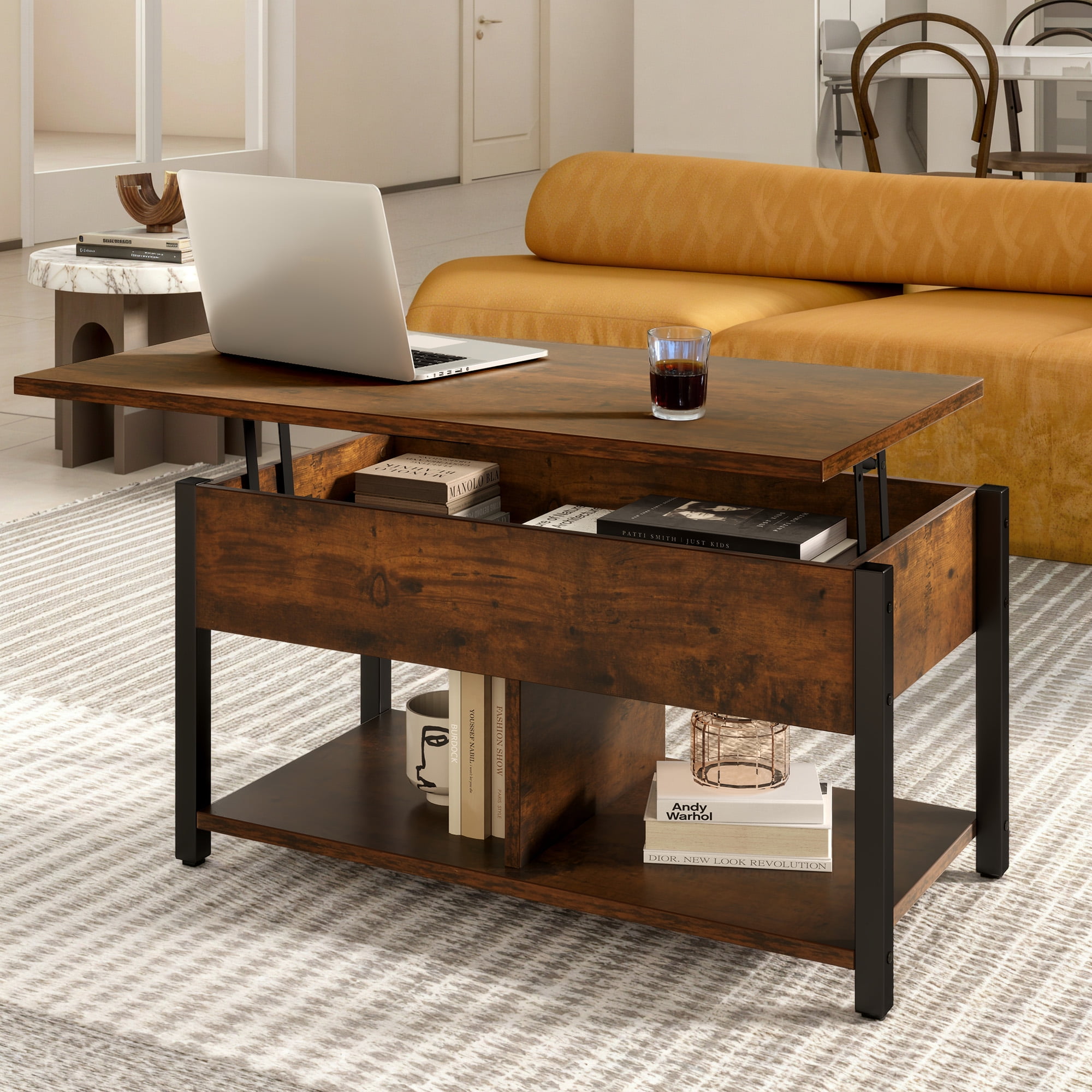 Uforic Coffee Table with Storage, Lift-Top Wooden Center Table for Home & Office, Rustic Brown